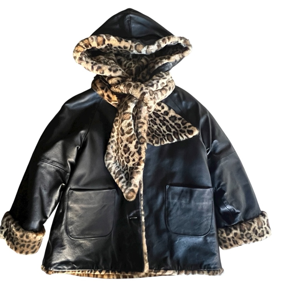Wilson’s Leather Kids Hooded Reversible Leather & Faux Leopard Fur Coat size S